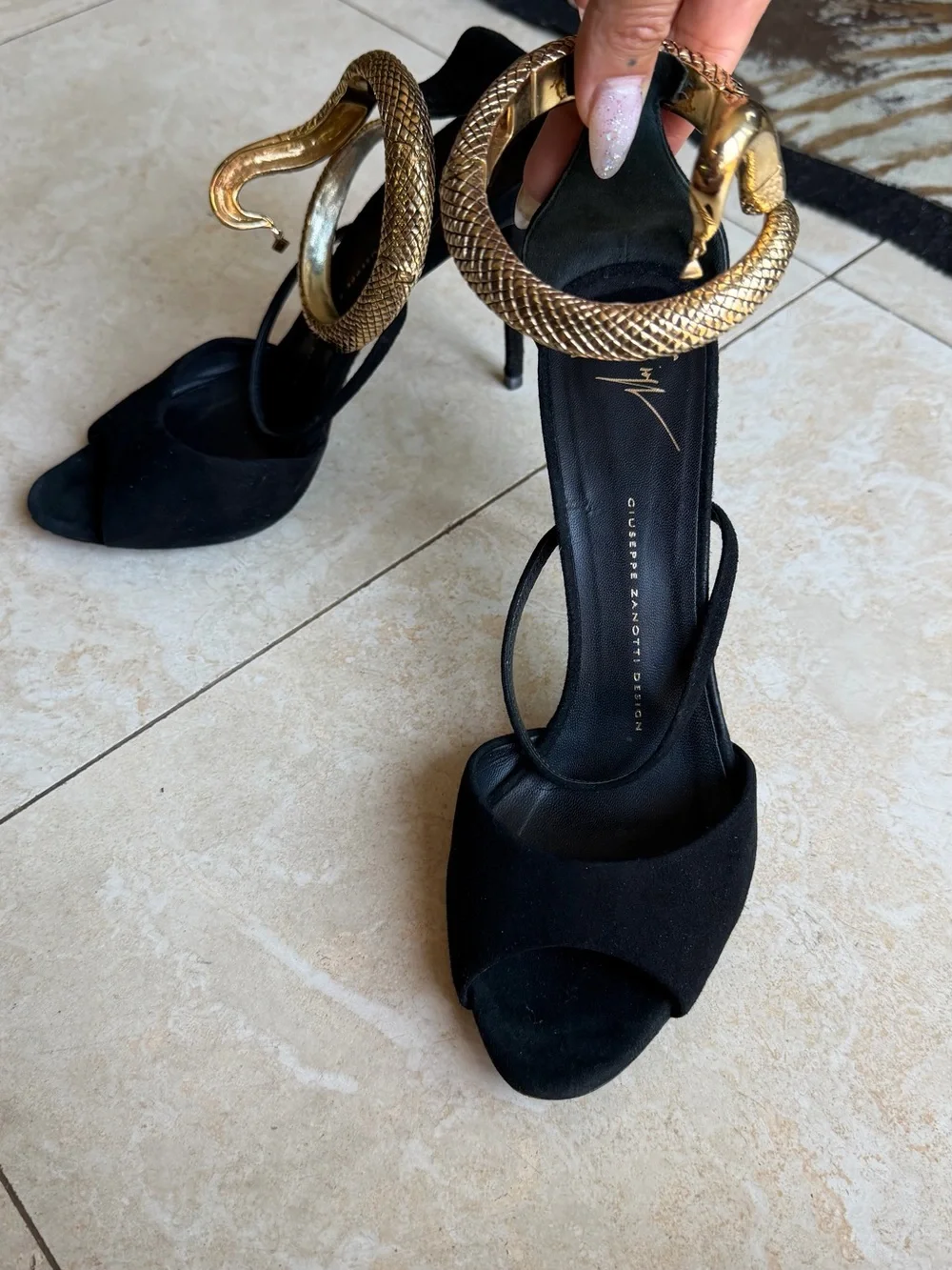 Giuseppe Zanotti Black Suede Heels with Gold Snake Detail sz 39